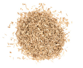 Oak chips sawdust isolated white background. small wood chips for smoking. sawdust texture . ecological fuel