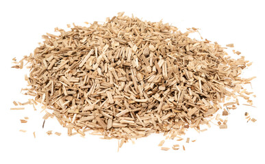 Oak chips sawdust isolated white background. small wood chips for smoking. sawdust texture . ecological fuel