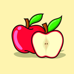 Set of apple vector illustration with yellow background. simple red apple with outline style and green leaf
