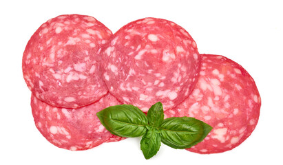Salami sausage slices with basil, isolated on white background. High resolution image.
