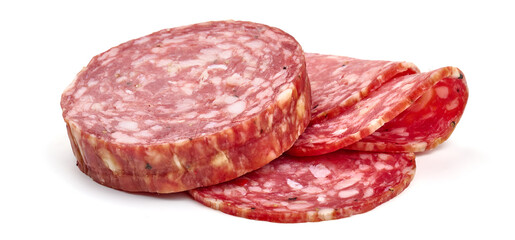 Traditional Italian antipasti salami, isolated on white background. High resolution image.