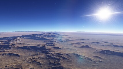 Exoplanet fantastic landscape. Beautiful views of the mountains and sky with unexplored planets