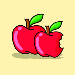 Set of apple vector illustration with yellow background. simple red apple with outline style and green leaf