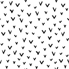 Small black ink check marks isolated on white background. Monochrome seamless pattern. Vector simple flat graphic hand drawn illustration. Texture.