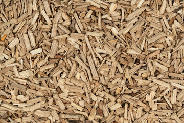 Oak chips sawdust texture. small wood chips for smoking. sawdust background. ecological fuel