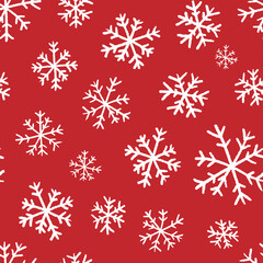 Naklejka na ściany i meble White ink sketch of snowflakes isolated on red background. Cute monochrome Christmas seamless pattern. Vector simple flat graphic hand drawn illustration. Texture.