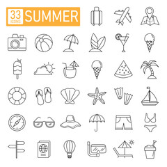 summer vacation outline set. travel holiday beach thin line sign. vector illustration in flat style modern design. isolated on white background.