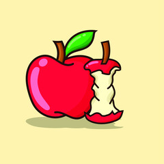 Set of apple vector illustration with yellow background. simple red apple with outline style and green leaf