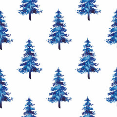 XMAS watercolor Fir Tree Seamless Pattern in Blue Color. Hand Painted Spruce Pine tree background or wallpaper for Ornament, Wrapping or Christmas Decoration