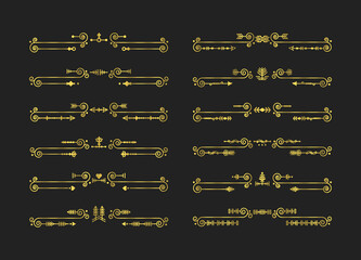 Golden assorted swirl modern art deco line dividers design element set on black  background