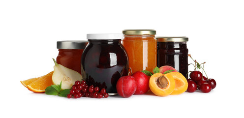 Jars with different jams and fresh fruits on white background