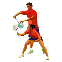 Badminton players mixed doubles team, man and woman start badminton game - obrazy, fototapety, plakaty