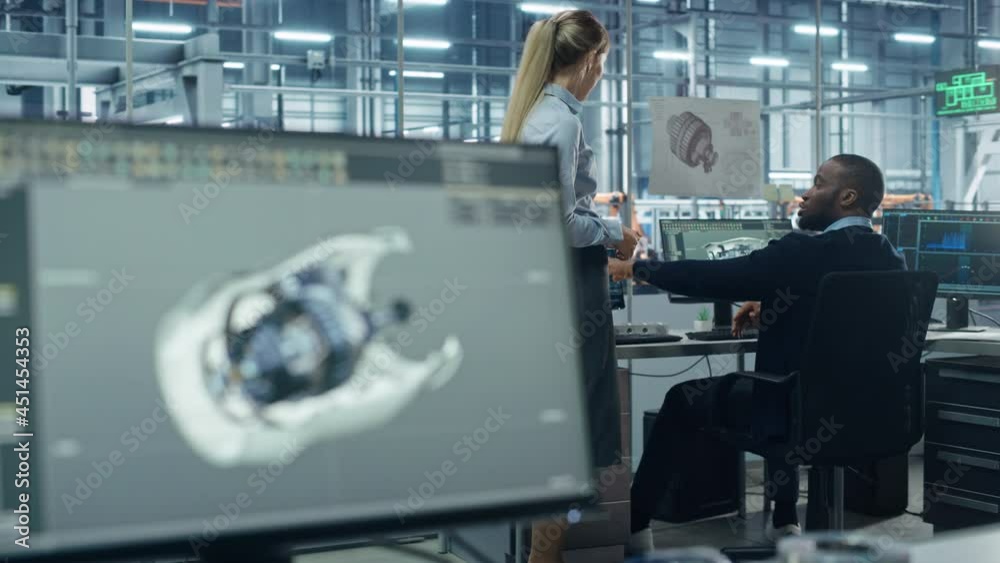 Poster car factory office: project manager talks to automotive engineer working on computer, design 3d mode
