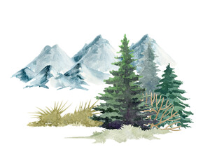 Nature forest scene. Watercolor illustration. Hand drawn mountains, fir trees, pine and grass. Wild north landscape element. Wild nature scene with fir trees, mountains and grass. White background