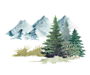 Keuken foto achterwand Bergen Nature forest scene. Watercolor illustration. Hand drawn mountains, fir trees, pine and grass. Wild north landscape element. Wild nature scene with fir trees, mountains and grass. White background