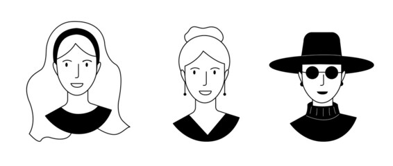 A set with a girl's head in black and white. With loose hair, with a hairstyle and a hat and sunglasses