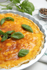 Delicious pie with minced meat on table, closeup