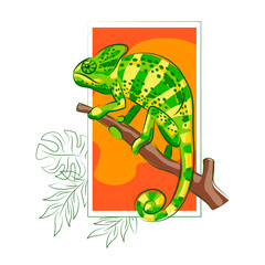 Striped chameleon on a bright colored background. Contour drawing of tropical leaves.