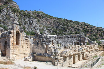 Scenic view of rock tombs of Tlos an ancient ruined Lycian hilltop citadel near the resort town of Fethiye