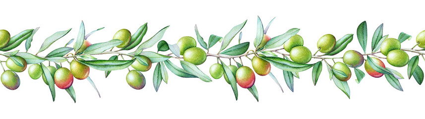 Seamless pattern with watercolor olive tree branches