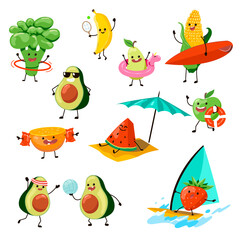 Fruit characters having fun on beach vector illustrations set. Cute strawberry windsurfing, corn with surfing board, avocados playing volleyball isolated on white background. Summer, sports concept