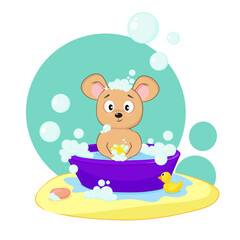Cartoon mouse taking a bubble bath