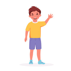 Little boy smiling and waving hand. Greeting gesture. Elementary school student, kindergarten pupil. Vector illustration