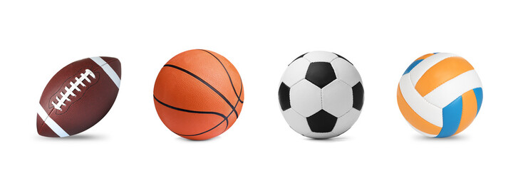 Set with different balls on white background, banner design. Sports equipment