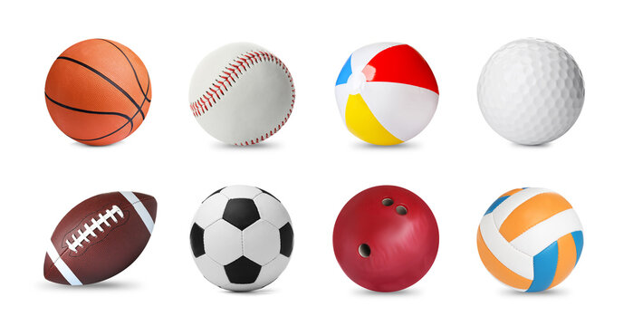Set with different balls on white background, banner design. Sports equipment