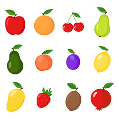 Set of different fruits in flat style isolated on white background. Fruit icons. Vector illustration