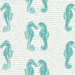 Aegean teal seahorse linen nautical texture background. Summer coastal living style swatches. Under the sea life  swimming sea horse material.  2 tone blue dyed textile seamless pattern. © Nautical
