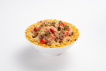 Healthy bowl of whole grain rice with tuna and cherry tomatoes, isolated