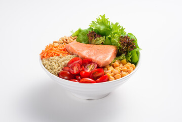 Delicious and colorful salad on a bowl, with salmon fillet, isolated