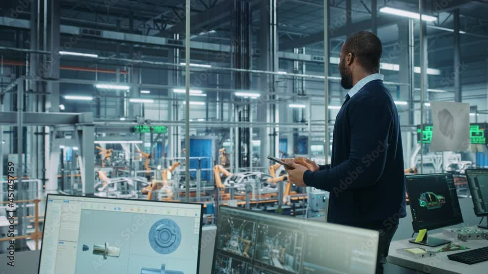 Poster car factory office: portrait of successful smiling black male chief engineer using tablet computer i