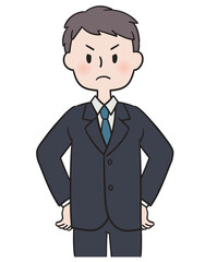 腰に手をあてて怒るスーツ姿の男性