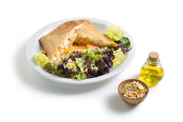 Tasty shrimp and ricotta cheese sandwich with salad and condiments aside, isolated