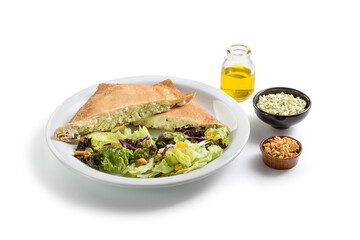 Healthy ricotta cheese sandwich with salad, and condiments aside, isolated