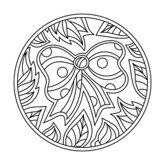 Coloring book for adults. Beautiful festive bow in circle. Hand drawn Vector illustration