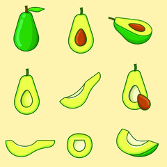 Avocado vector illustration with yellow background collection. isolated avocado with outline cartoon style. sliced avocado set