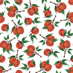 Fruit print with peaches, nectarines on branches with green leaves on a white background. Seamless pattern. Watercolor illustration. Harvest. For textiles, packaging.