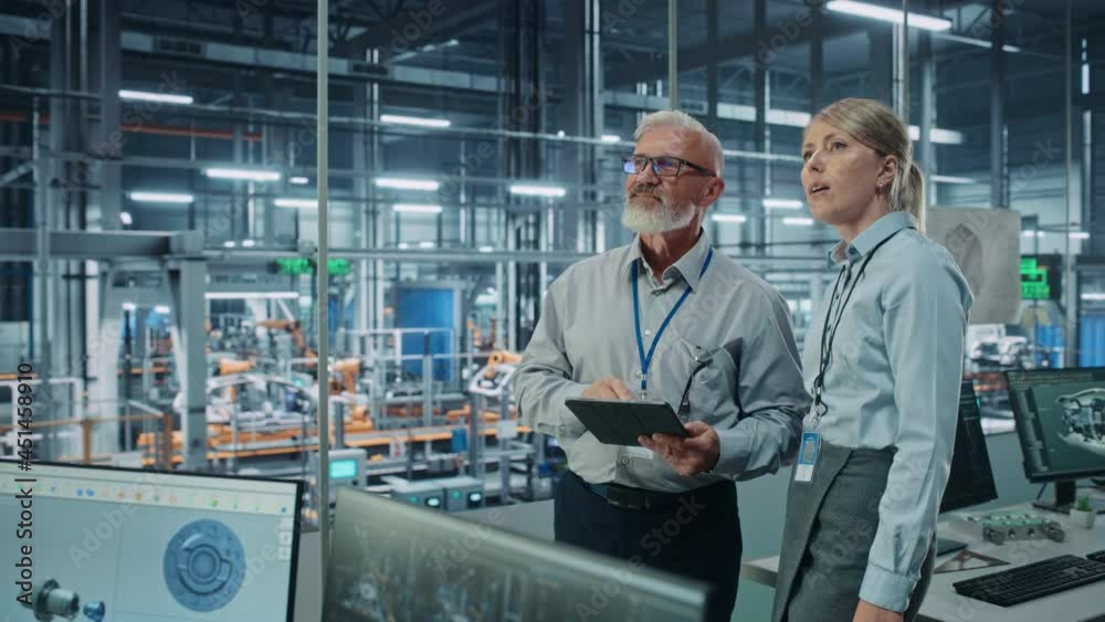 Aufkleber car factory: female project manager talks to male automotive engineer, plan strategy using tablet co
