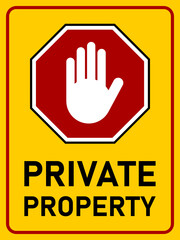 Private Property Vertical Bilingual Warning Sign in English and Spanish with Stop Hand Icon. Vector Image. 
