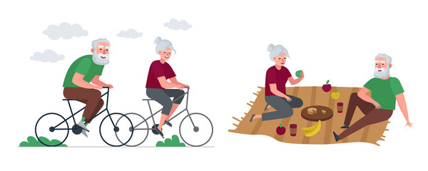 Elderly couple of retirees active healthy lifestyle. Grandmother and grandfather in old age cycling on bicycle and relaxing on picnic. Grandparents outdoor spending time. Senior persons vacation. Eps