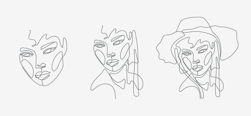 Woman head portrait set. Minimal, simple and complex illustrations. Continuous line drawing. 