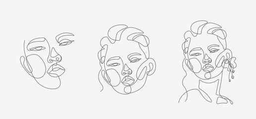 Woman head portrait set. Minimal, simple and complex illustrations. Continuous line drawing. 