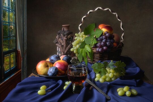 Still life with fruits and wine glass