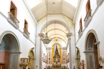 Interior and altar of a brazilian historic ancient church from the 18th century in colonial...