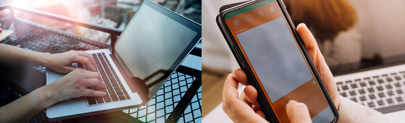 Social media and Marketing virtual icons screen concept.close up of businessman typing keyboard...
