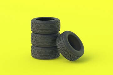 Heap of car rubber tyres on yellow background. Automotive parts. Traffic safety. Automobile service. Buying, selling of tires. 3d render