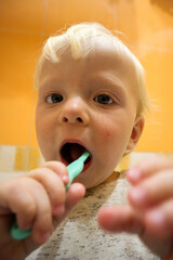 funny blonde baby child brushing teeth